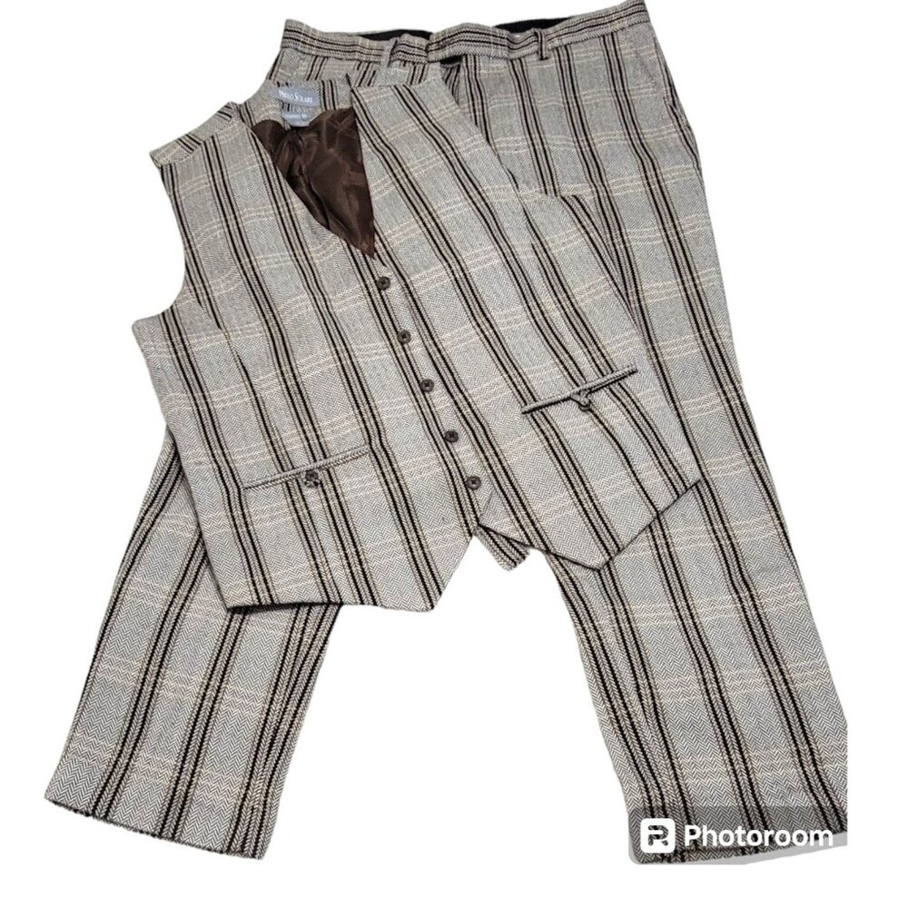 Paulo Solari Mens Gray Plaid Vest Suit Pants Set Modern‎ Fit Size XL 36/30